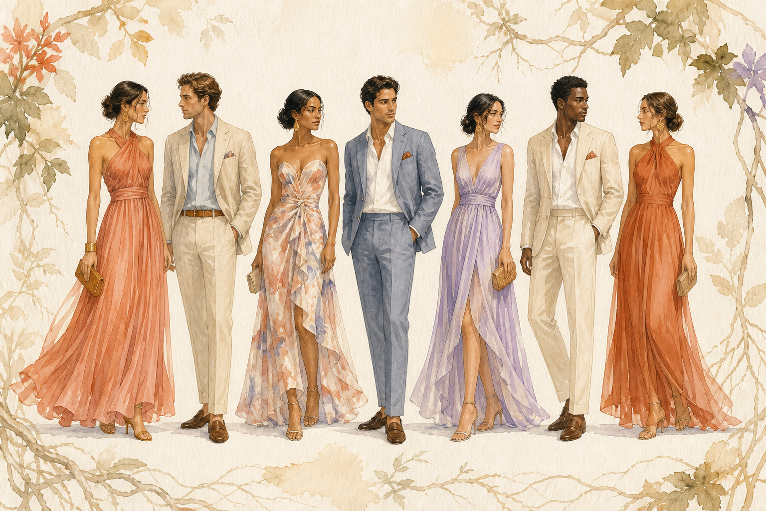 Ilustraciones editoriales en acuarela con ejemplos de vestimenta elegante en tonos coral, crema, azul, arena y lila